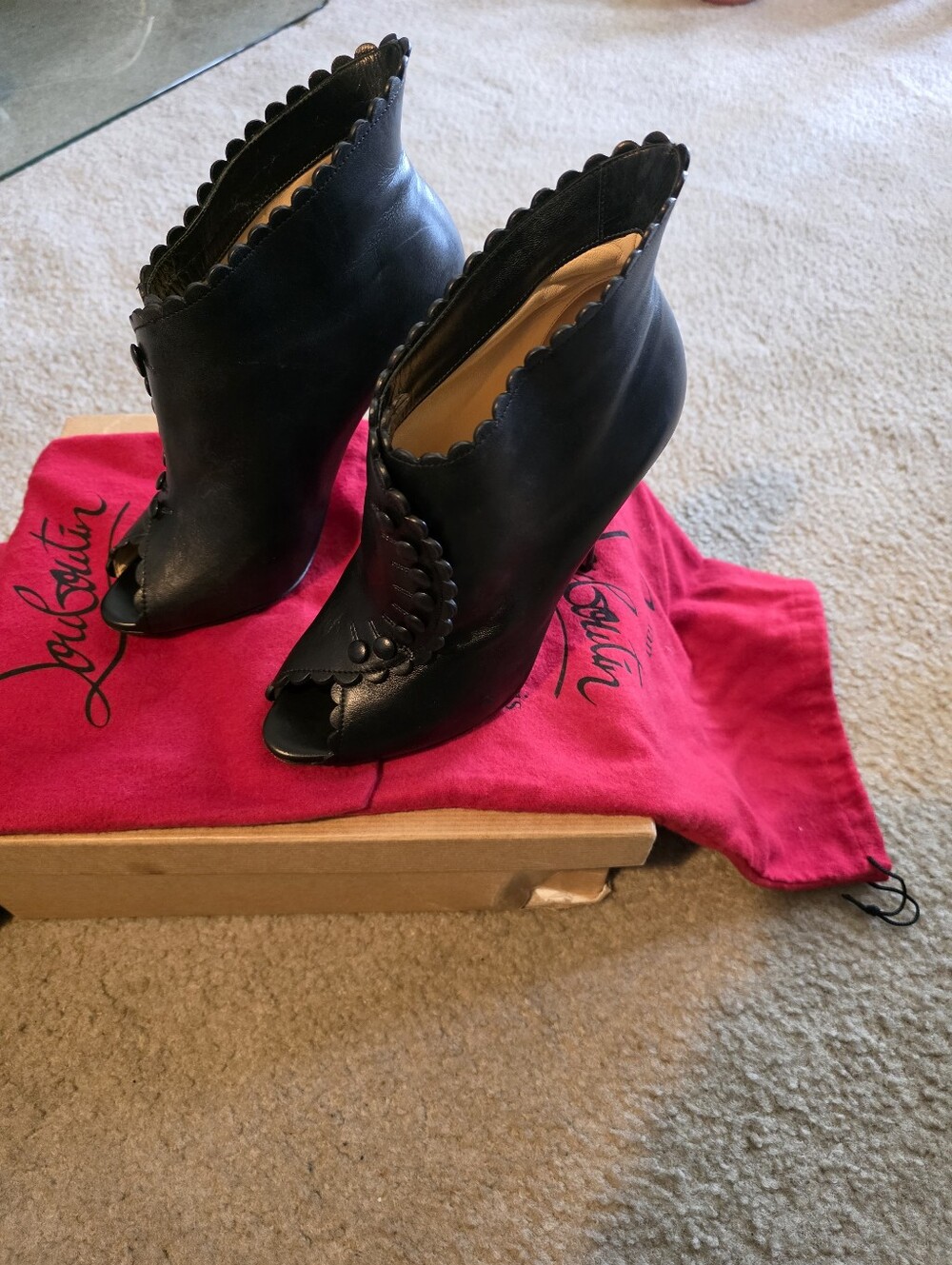 Christian Louboutin Black Leather Scalloped Peep-Toe Booties